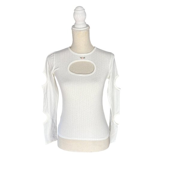 Sandy Liang Cut-Out Orbit Top size S small off-white pointelle ribbed knit shirt - Picture 3 of 10